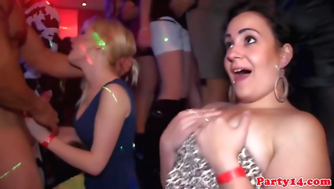 Blonde redhead fucked on the dance floor by European dudes