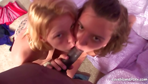 Blonde and brunette are getting deepthroated in the threesome