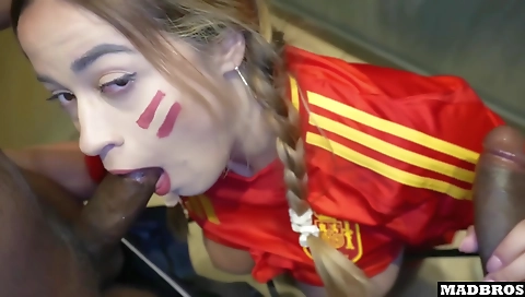 French girl gets penetrated by two big cock in the parking