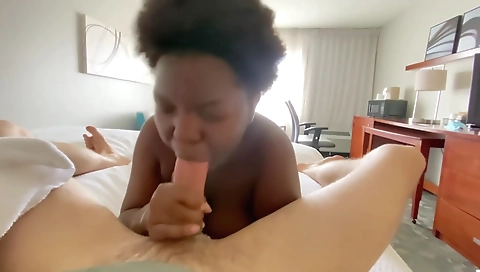 Ebony chick with big tits and a round ass gets deepthroat