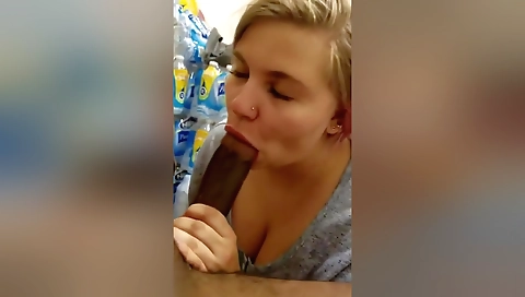 Blonde slut in a store room deepthroat and handjob