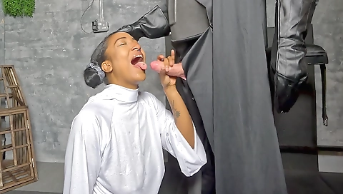 Brunette gets fucked in mouth in this interracial porn