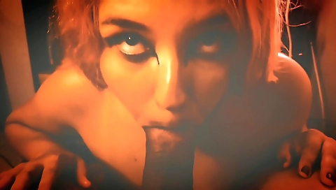 Blonde redhead giving a deepthroat blowjob to a big dick