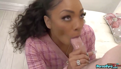 Ebony babe gets ready for a big white cock blowbang