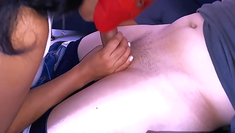 Sexy brunette babe sucks a man with a hard on cock