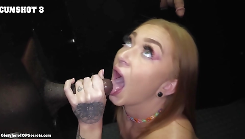 Busty blonde gets her big cock deepthroat and swallow it