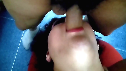 Brunette with big tits is going deepthroat on the camera