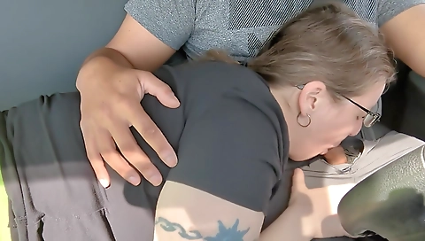 Blonde babe with a hot tattooed pussy having sex in car