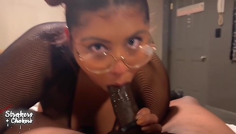 Busty brunette in stockings is getting fucked by a big cock