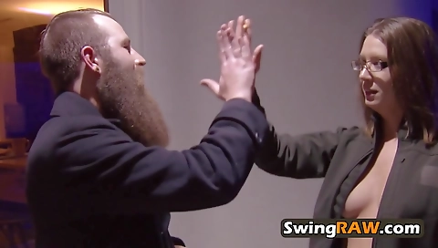 Amateur ebony and a brunette enjoy a group sex session